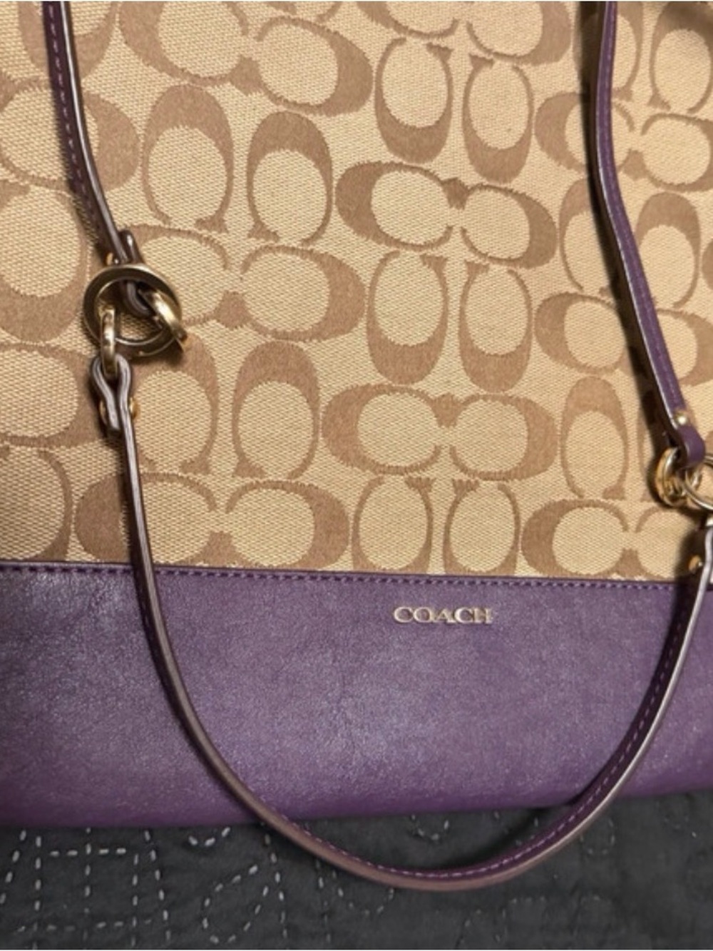 Coach Beige Signature Canvas Shoulder Bag with Purple Leather Trim